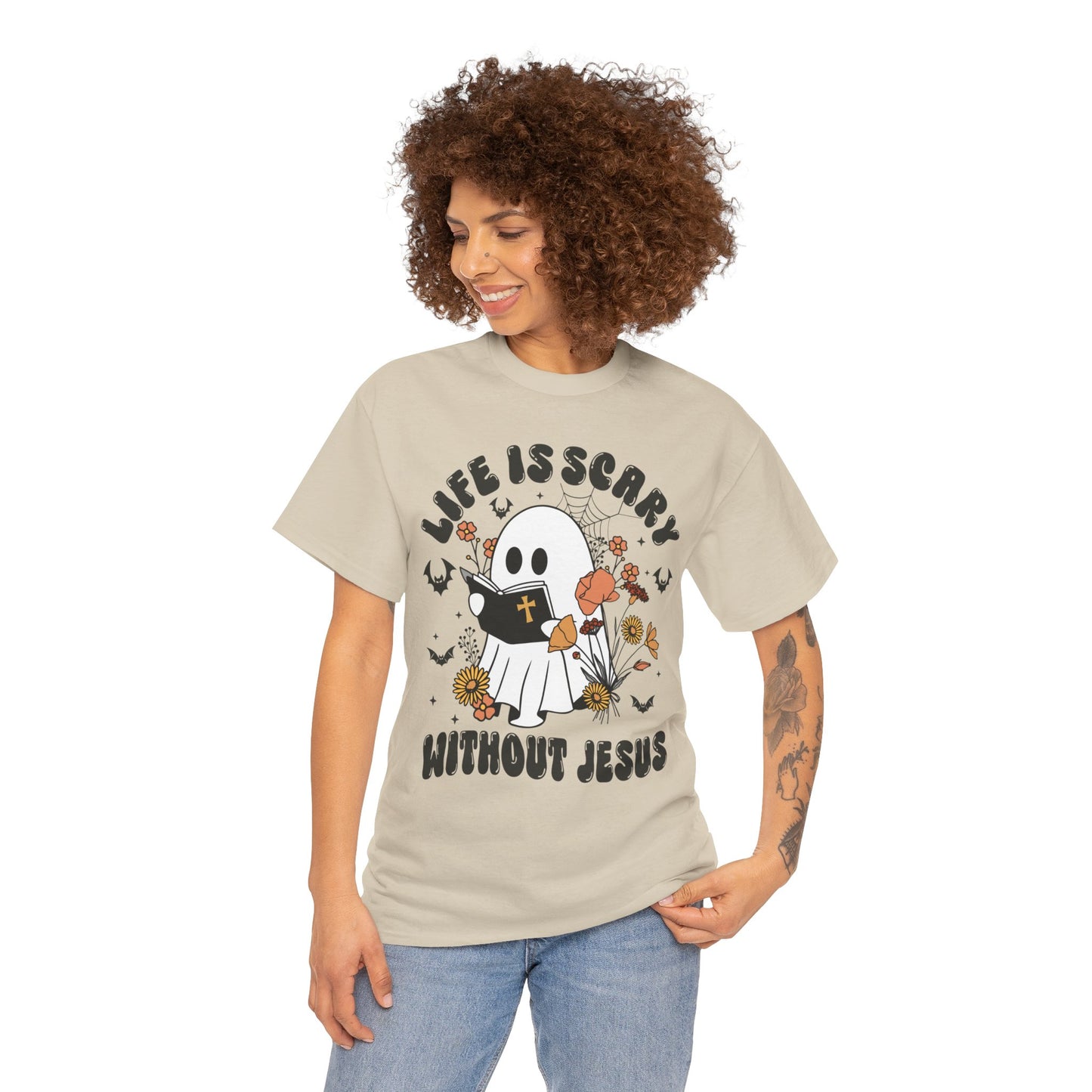 T-Shirt - Cartoon Ghost Reading the Bible - Life is Scary Without Jesus - Christian Gift