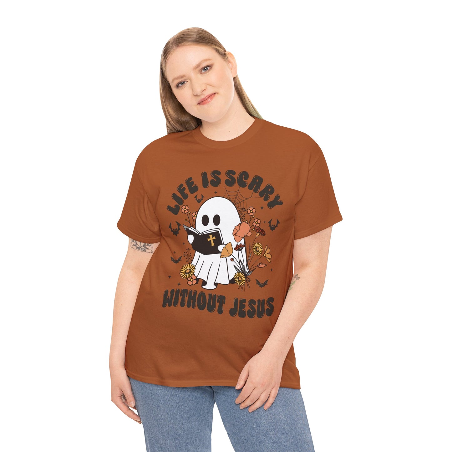 T-Shirt - Cartoon Ghost Reading the Bible - Life is Scary Without Jesus - Christian Gift