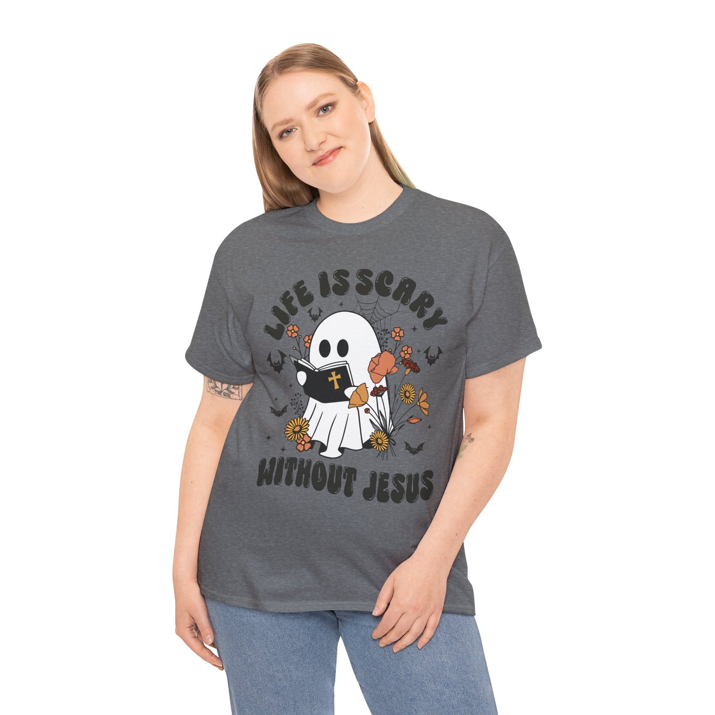 T-Shirt - Cartoon Ghost Reading the Bible - Life is Scary Without Jesus - Christian Gift