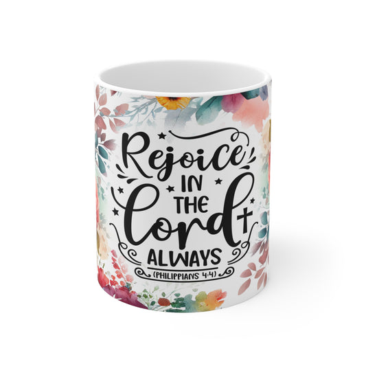 Mug with Floral Design, Rejoice in the Lord Always