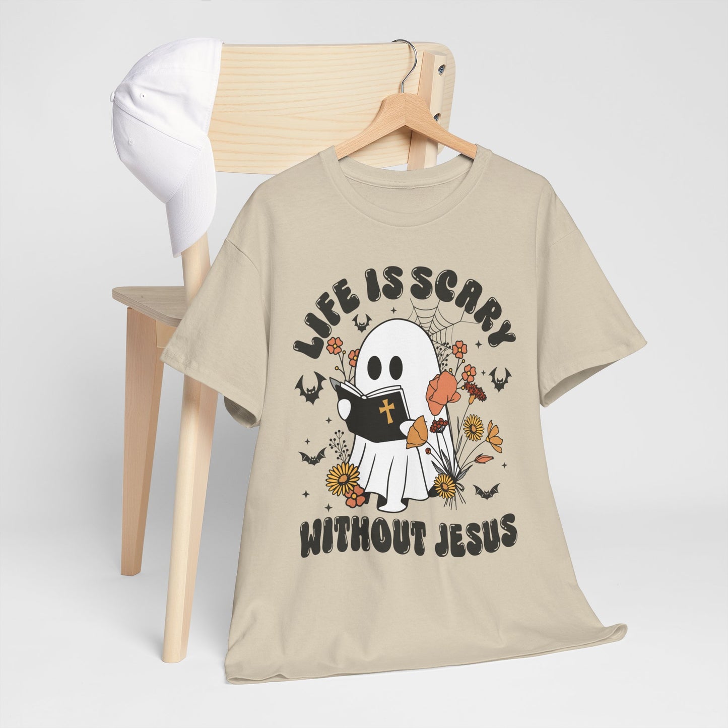 T-Shirt - Cartoon Ghost Reading the Bible - Life is Scary Without Jesus - Christian Gift