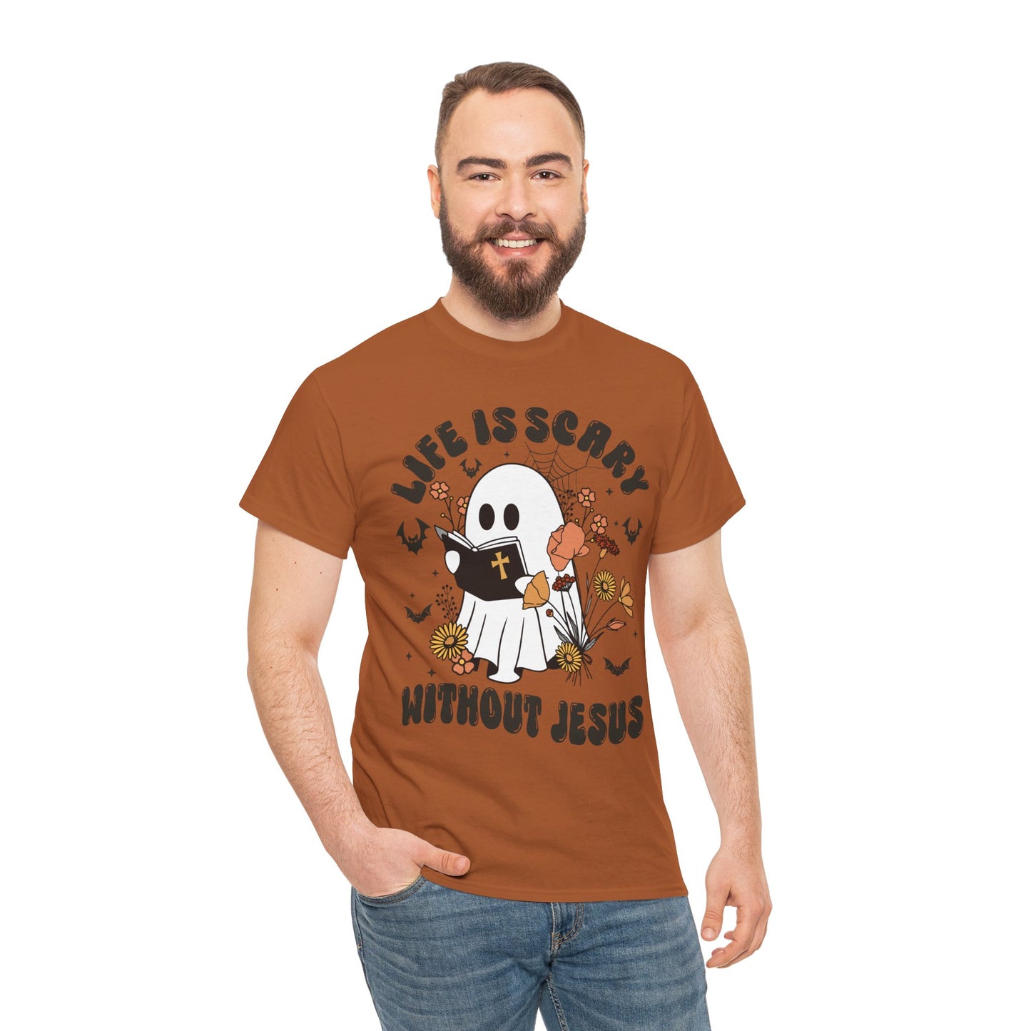 T-Shirt - Cartoon Ghost Reading the Bible - Life is Scary Without Jesus - Christian Gift