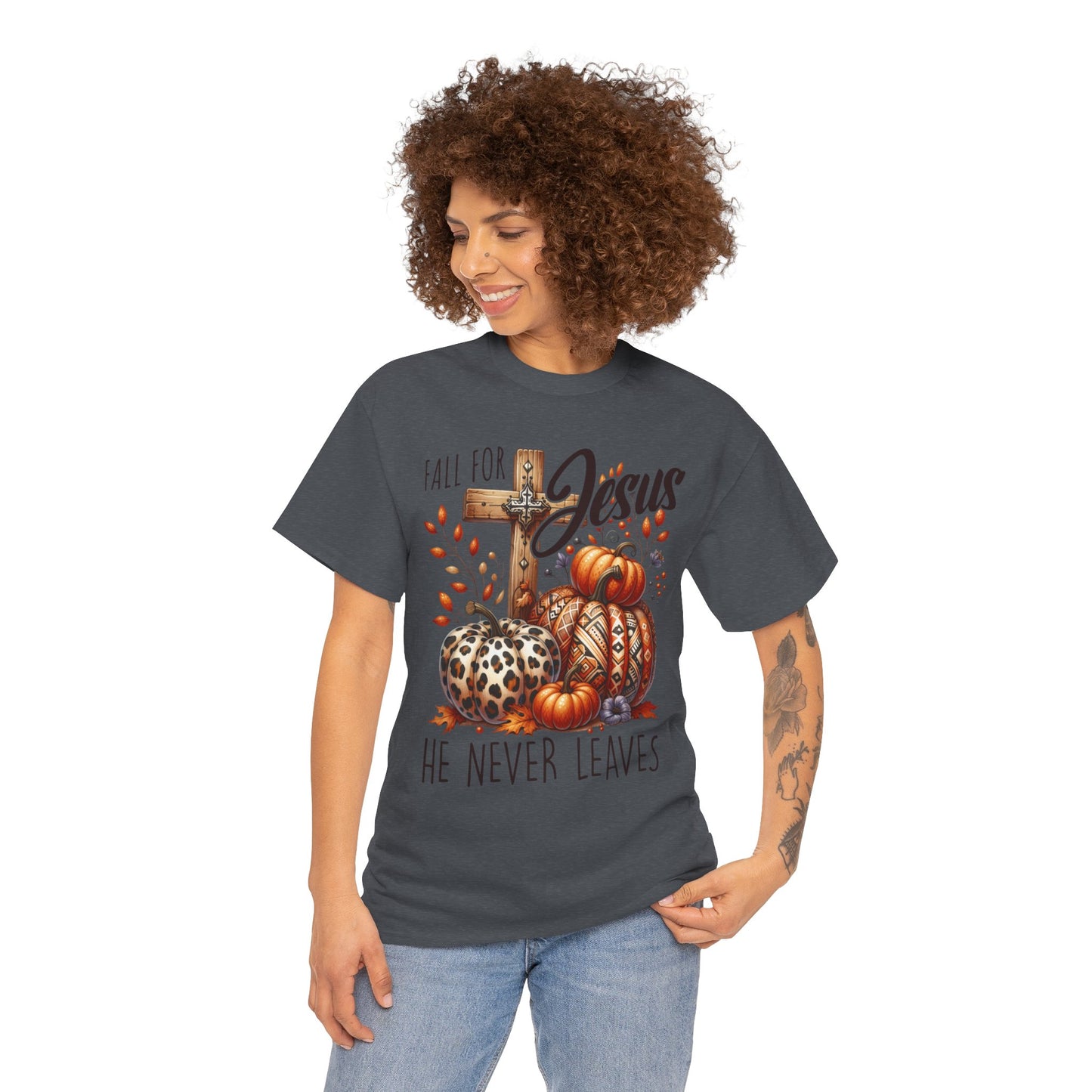 Fall For Jesus Christian Unisex Tee with Pumpkins and Leaves