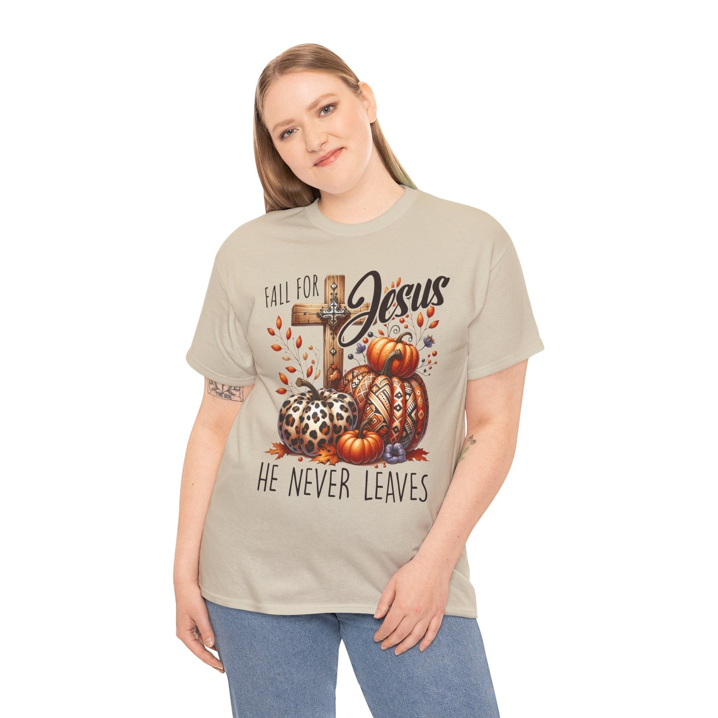 Fall For Jesus Christian Unisex Tee with Pumpkins and Leaves