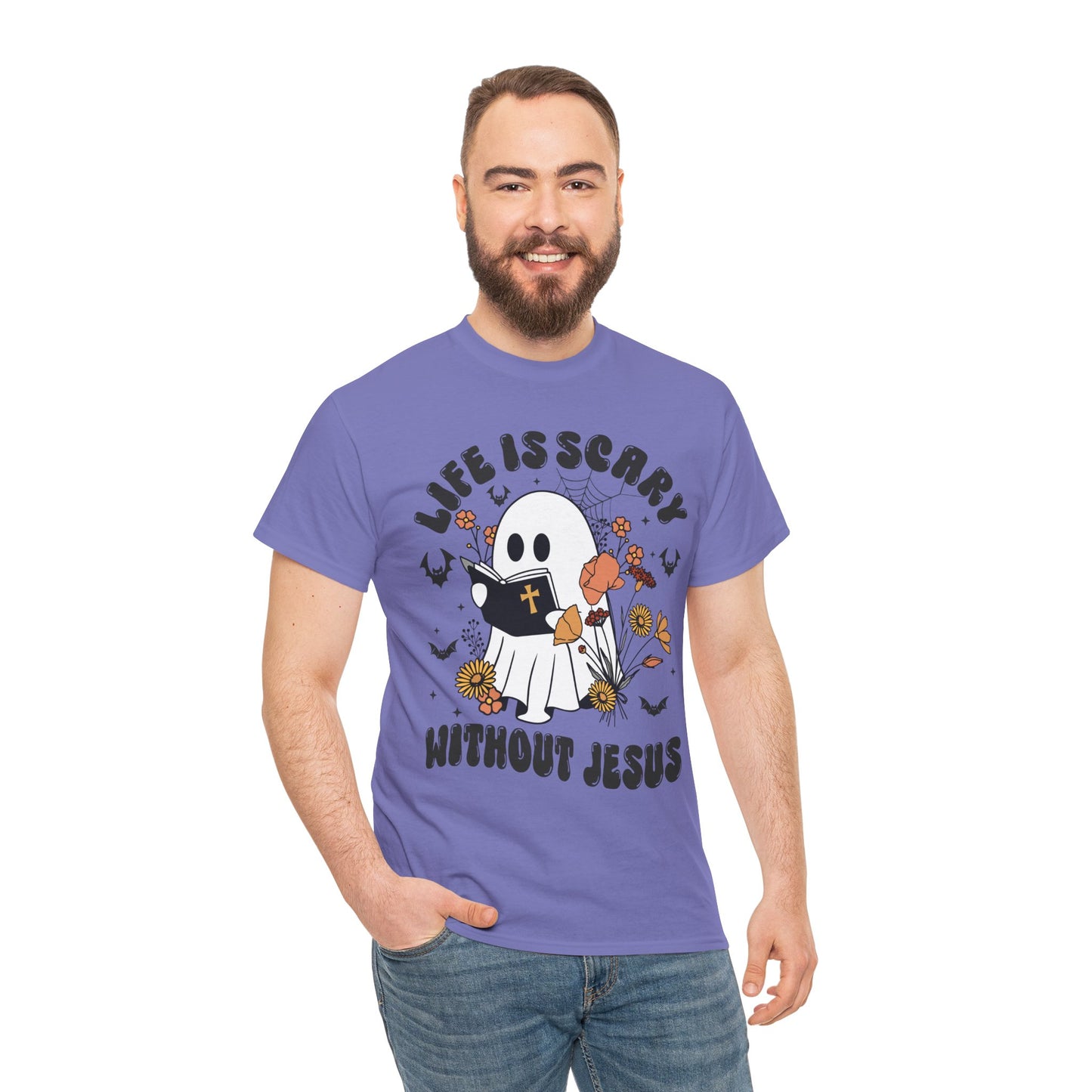 T-Shirt - Cartoon Ghost Reading the Bible - Life is Scary Without Jesus - Christian Gift