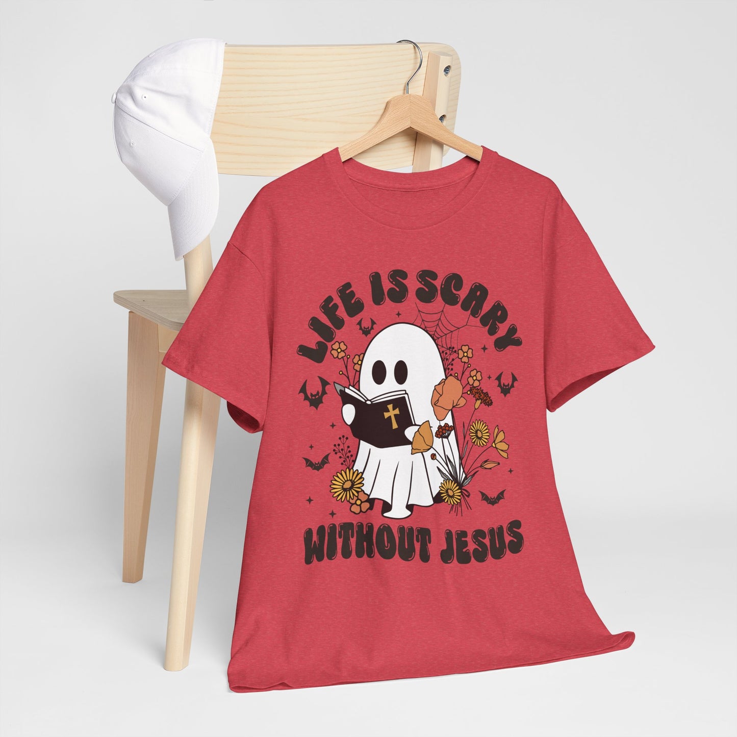 T-Shirt - Cartoon Ghost Reading the Bible - Life is Scary Without Jesus - Christian Gift