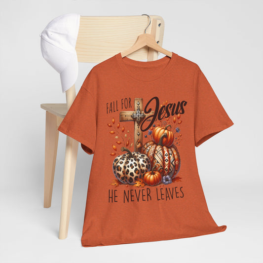 Fall For Jesus Christian Unisex Tee with Pumpkins and Leaves