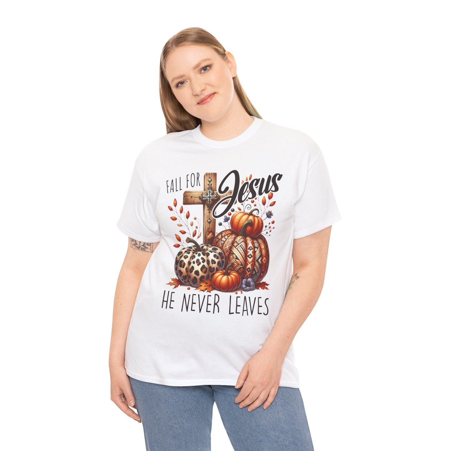 Fall For Jesus Christian Unisex Tee with Pumpkins and Leaves