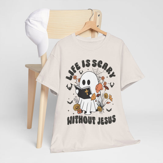 T-Shirt - Cartoon Ghost Reading the Bible - Life is Scary Without Jesus - Christian Gift