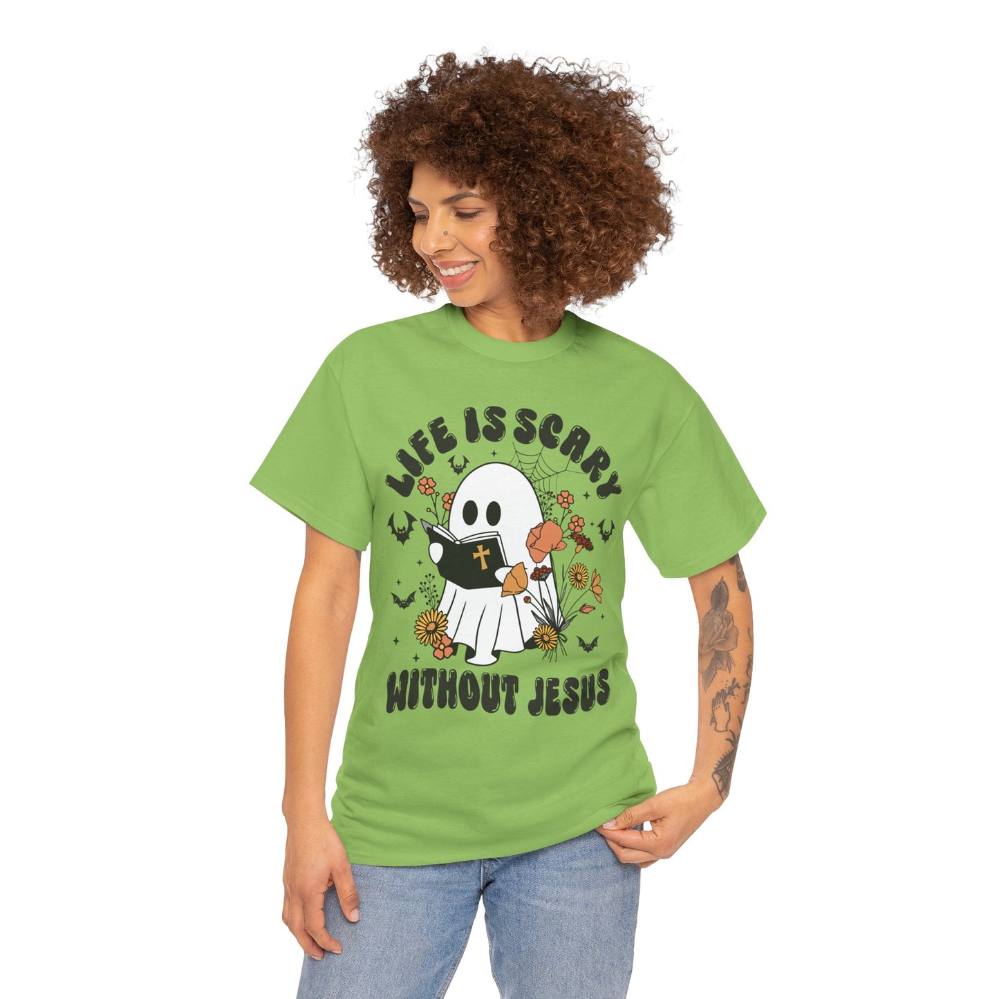 T-Shirt - Cartoon Ghost Reading the Bible - Life is Scary Without Jesus - Christian Gift