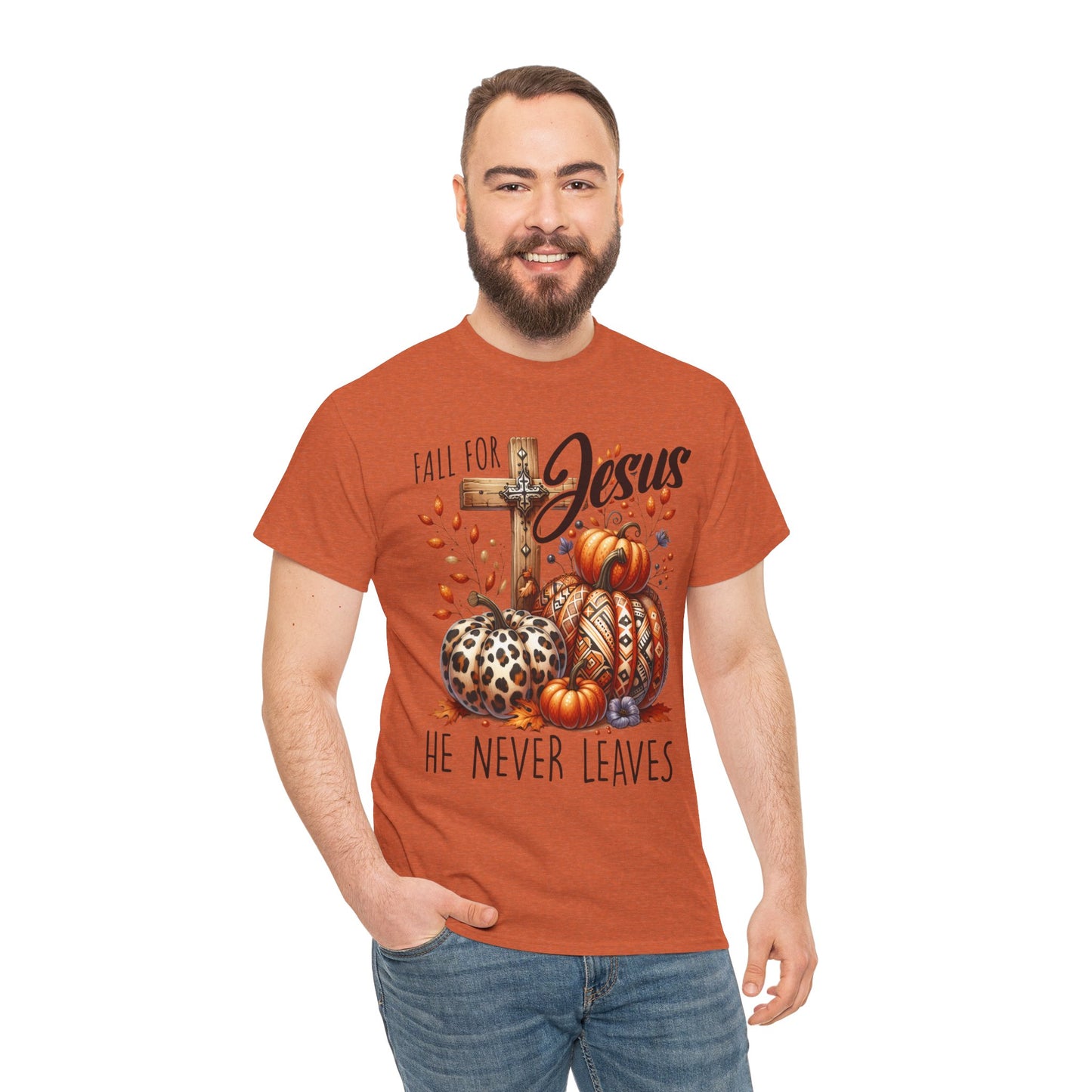 Fall For Jesus Christian Unisex Tee with Pumpkins and Leaves