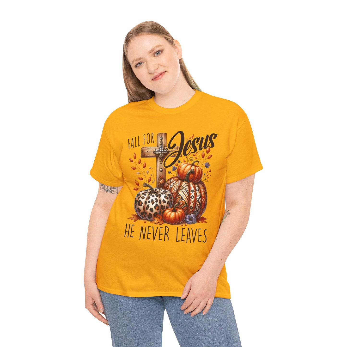 Fall For Jesus Christian Unisex Tee with Pumpkins and Leaves