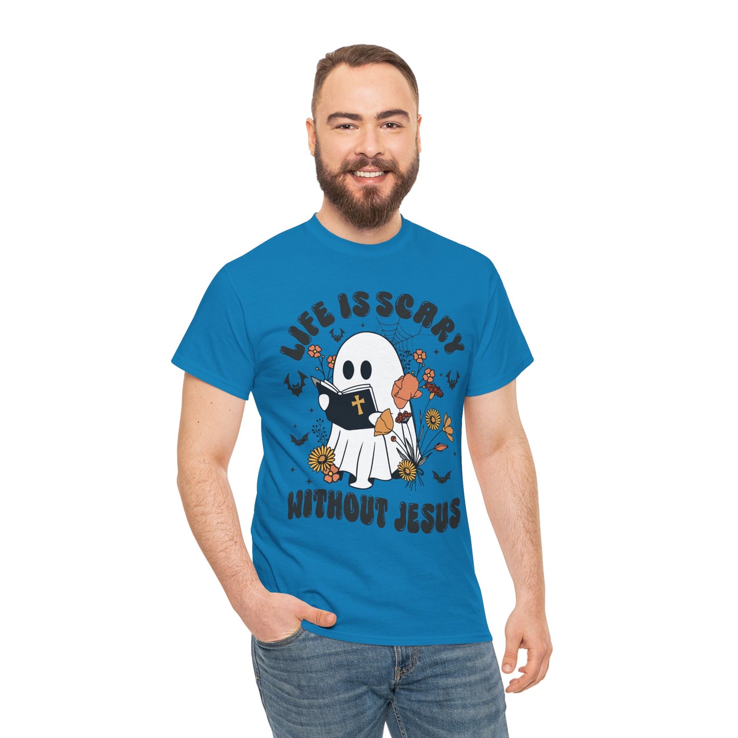 T-Shirt - Cartoon Ghost Reading the Bible - Life is Scary Without Jesus - Christian Gift