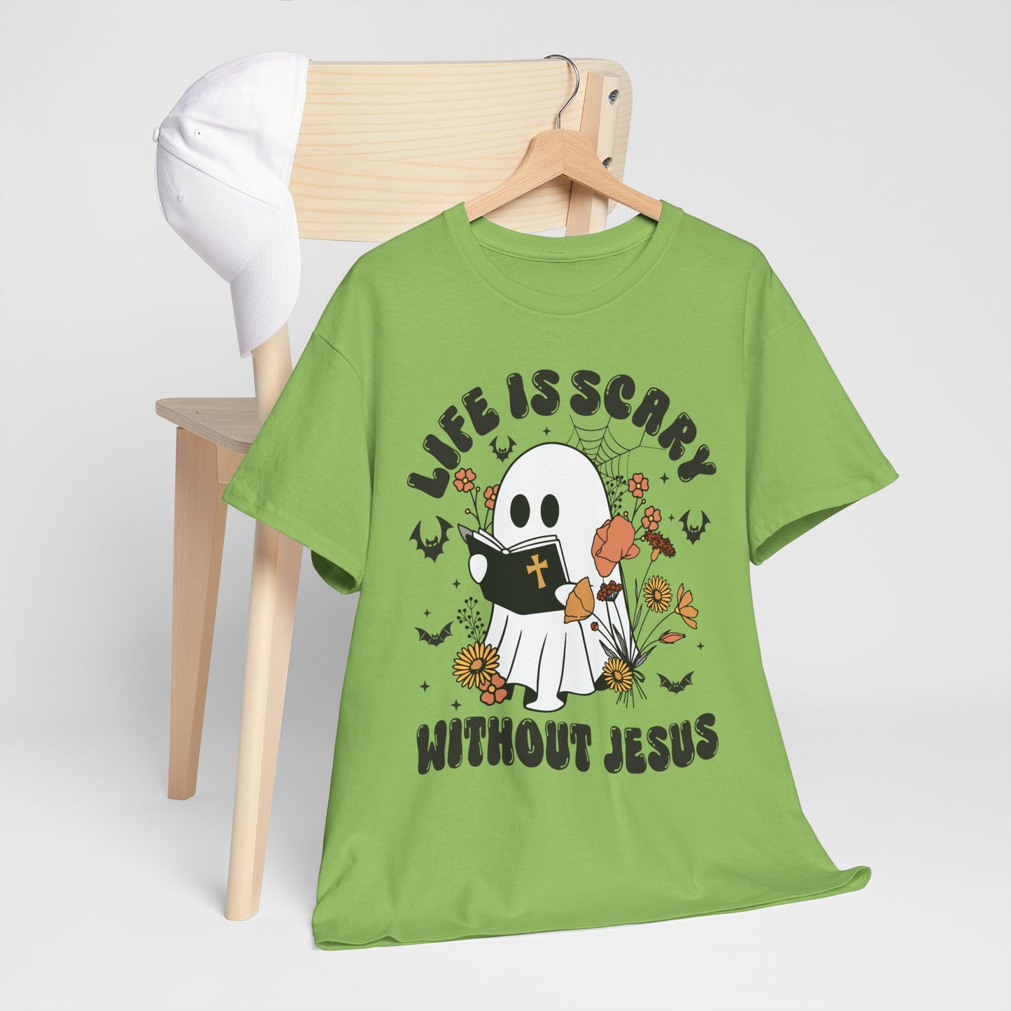 T-Shirt - Cartoon Ghost Reading the Bible - Life is Scary Without Jesus - Christian Gift