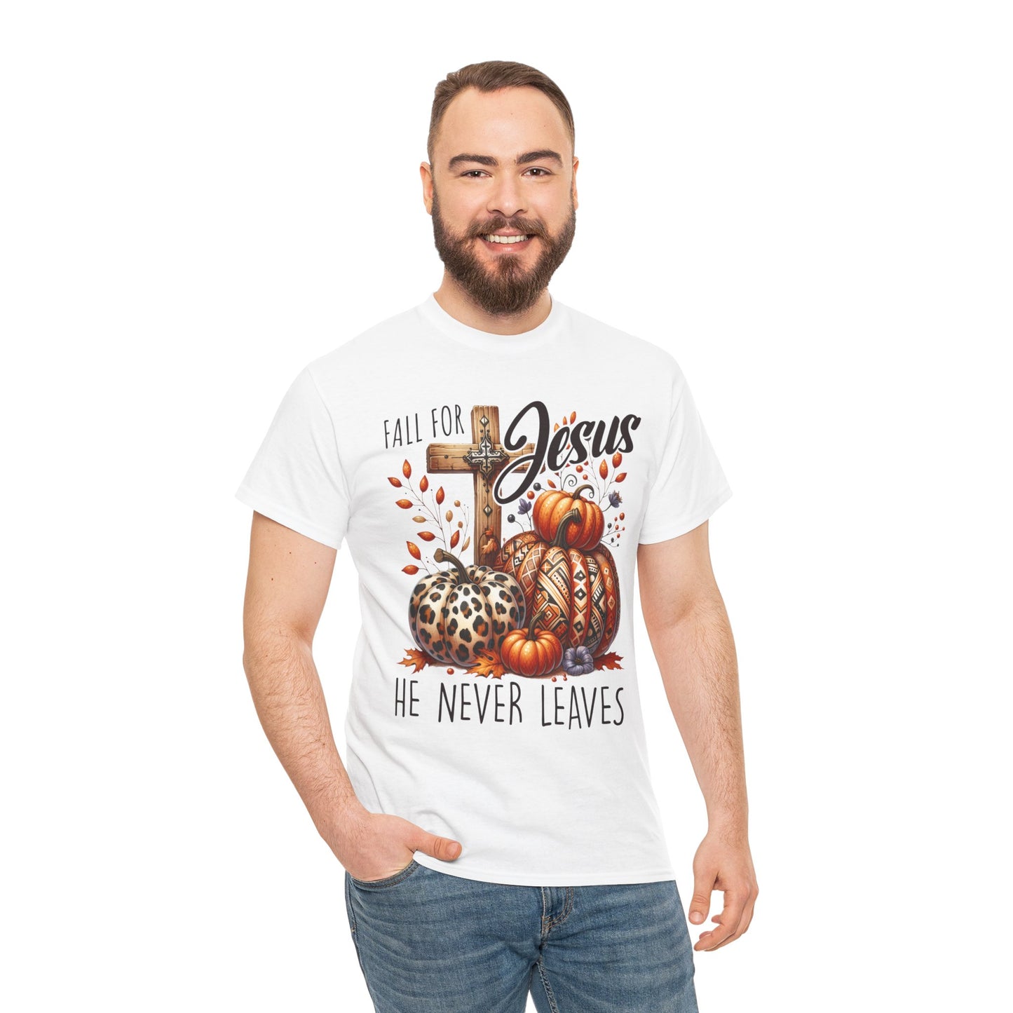 Fall For Jesus Christian Unisex Tee with Pumpkins and Leaves