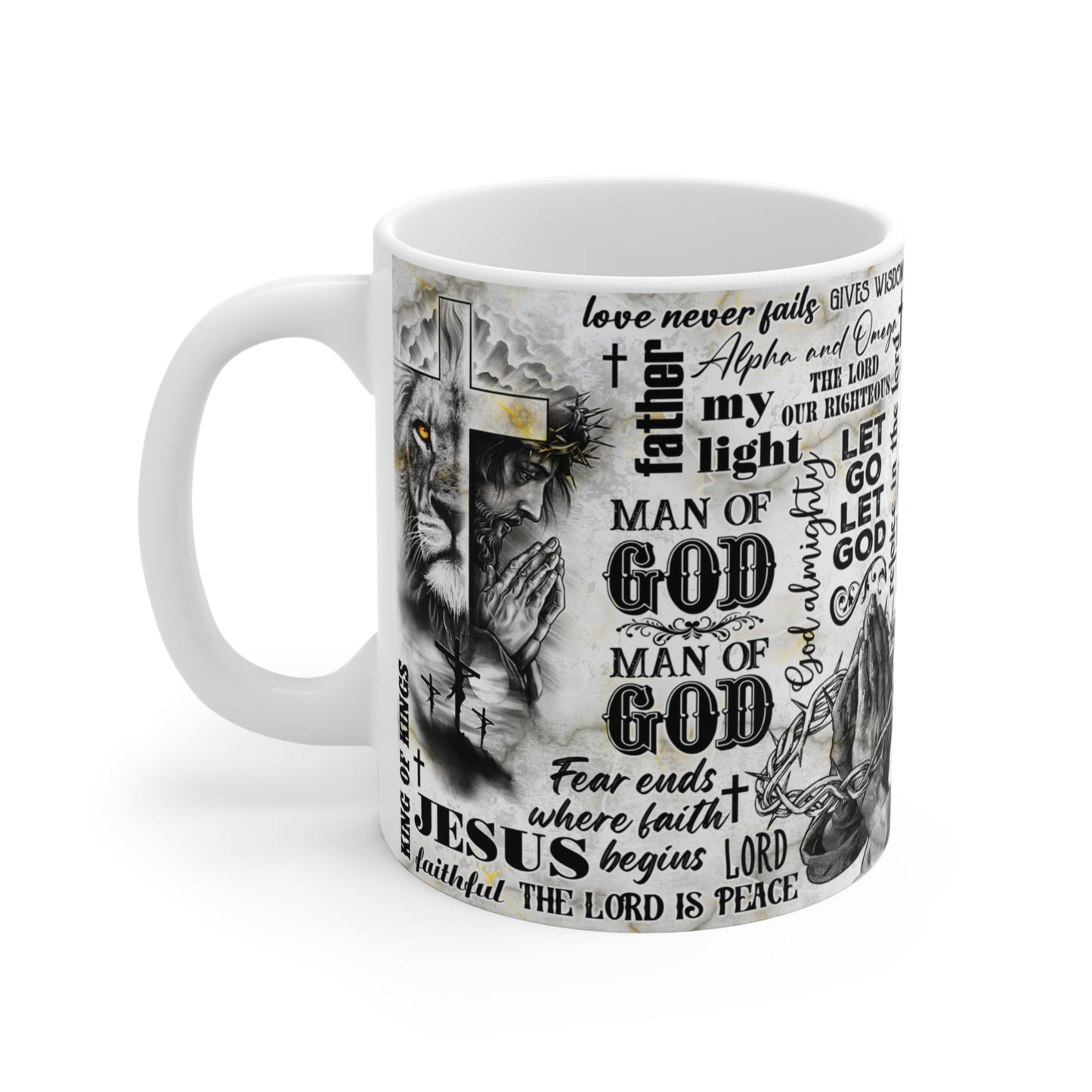 Christian Mug - Lion and Jesus on the Cross with Encouraging Scriptures