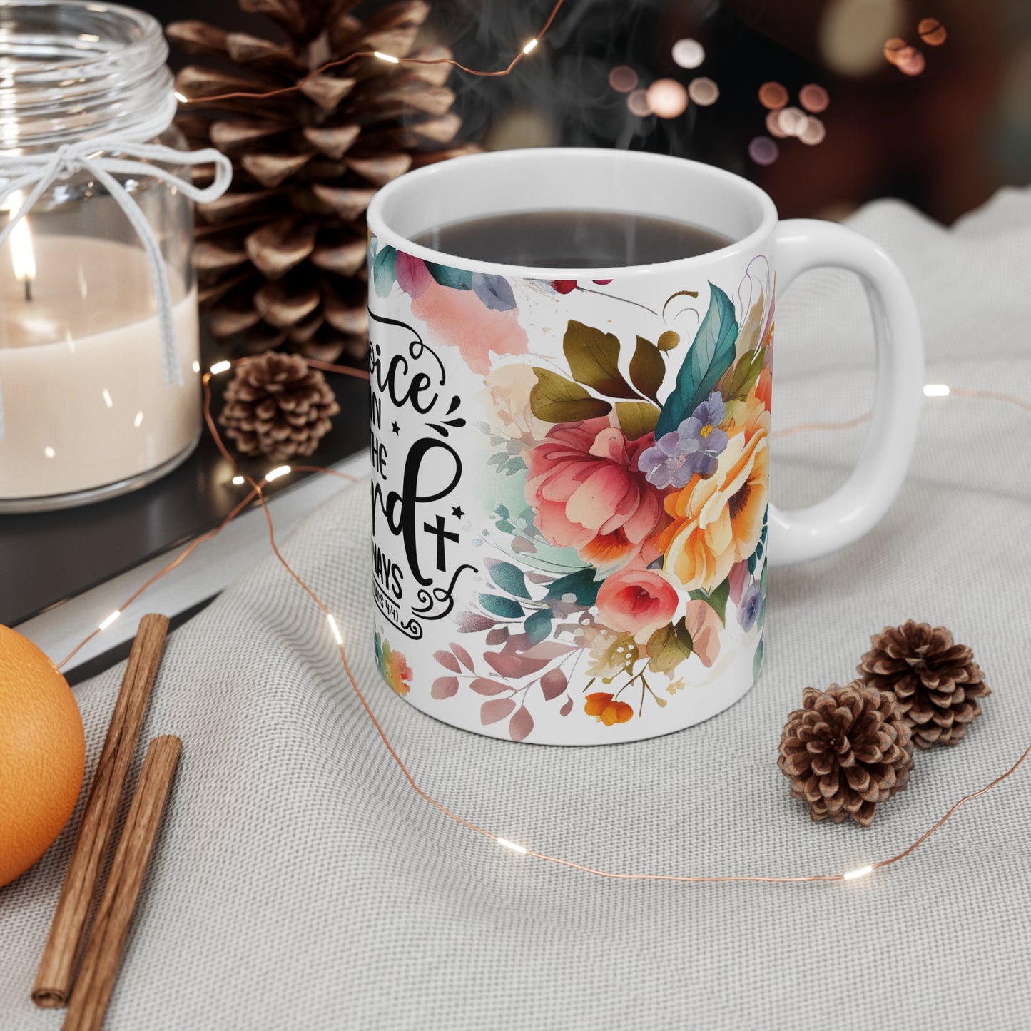 Mug with Floral Design, Rejoice in the Lord Always