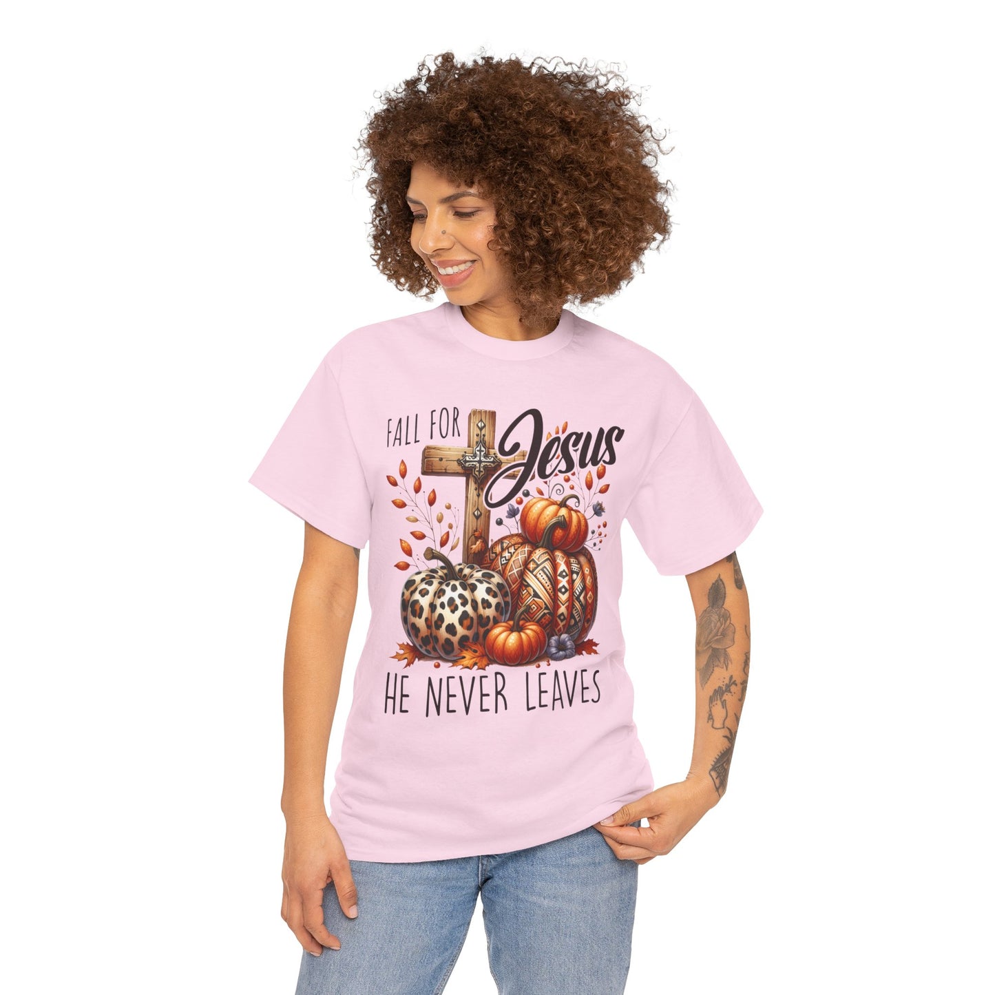 Fall For Jesus Christian Unisex Tee with Pumpkins and Leaves