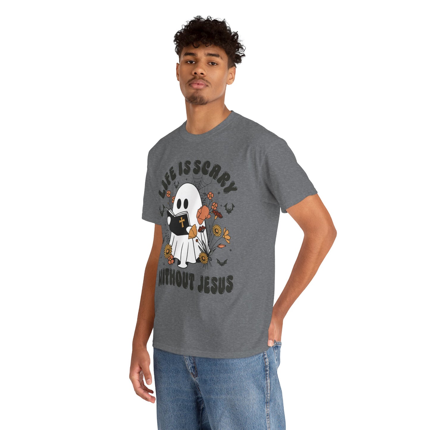 T-Shirt - Cartoon Ghost Reading the Bible - Life is Scary Without Jesus - Christian Gift