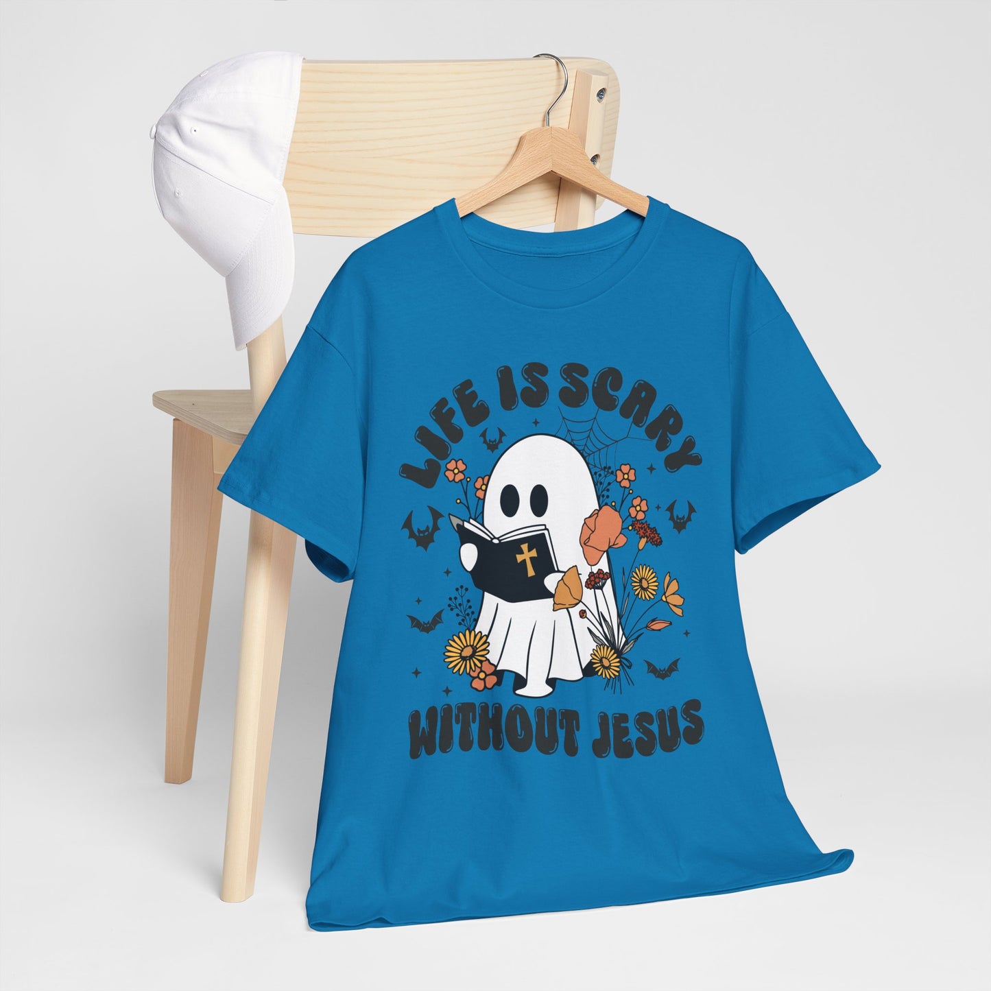 T-Shirt - Cartoon Ghost Reading the Bible - Life is Scary Without Jesus - Christian Gift