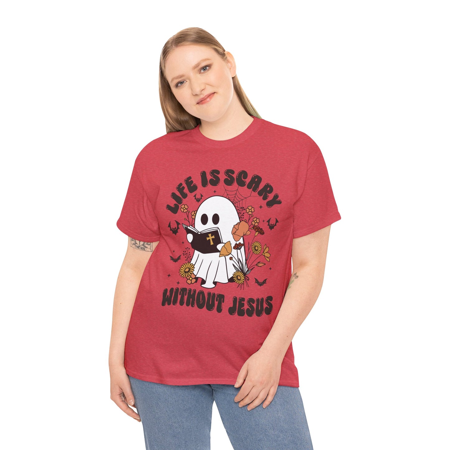 T-Shirt - Cartoon Ghost Reading the Bible - Life is Scary Without Jesus - Christian Gift