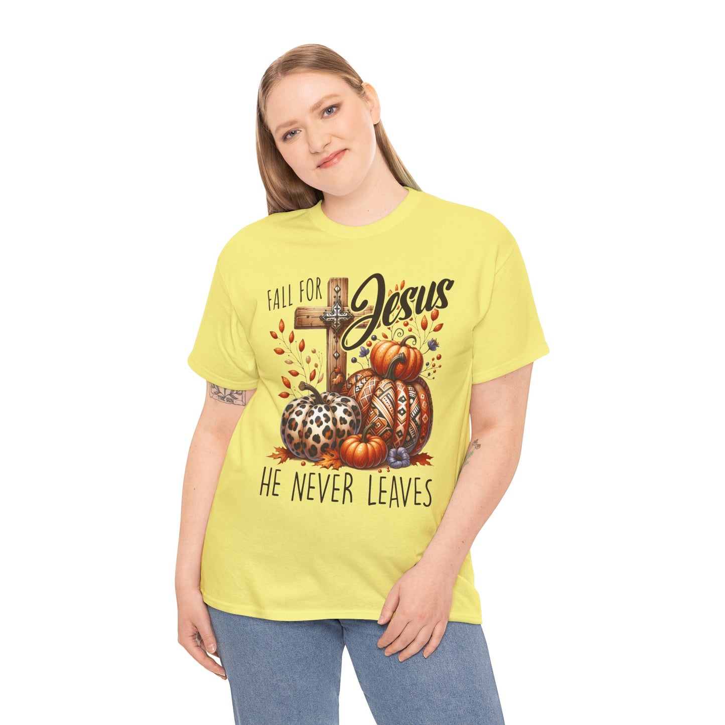 Fall For Jesus Christian Unisex Tee with Pumpkins and Leaves