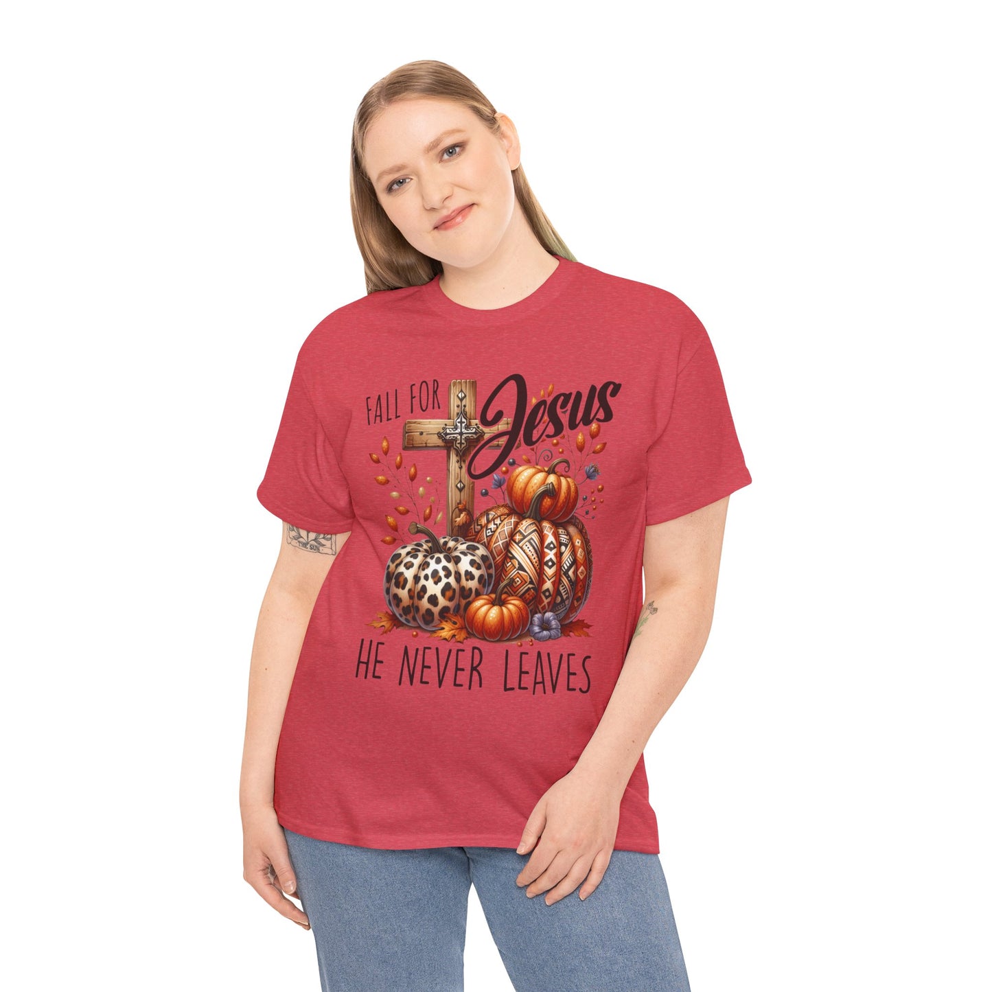 Fall For Jesus Christian Unisex Tee with Pumpkins and Leaves