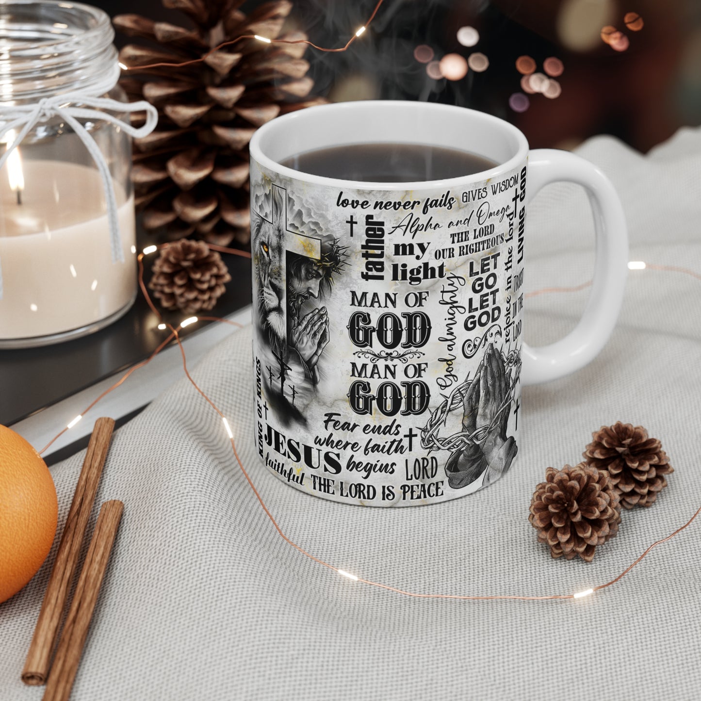 Christian Mug - Lion and Jesus on the Cross with Encouraging Scriptures